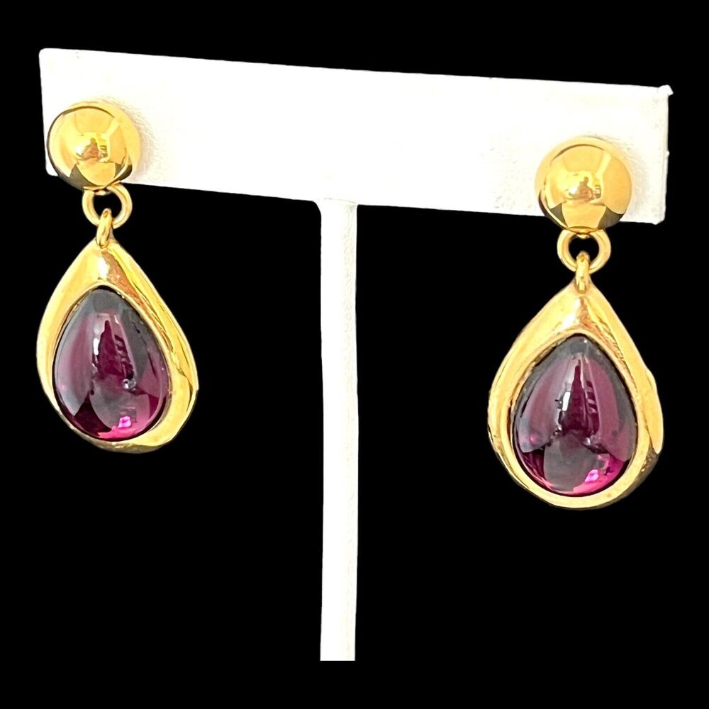 Vintage 1980s Napier Drop Earrings Gold Tone Gripoix Style Purple - 1E